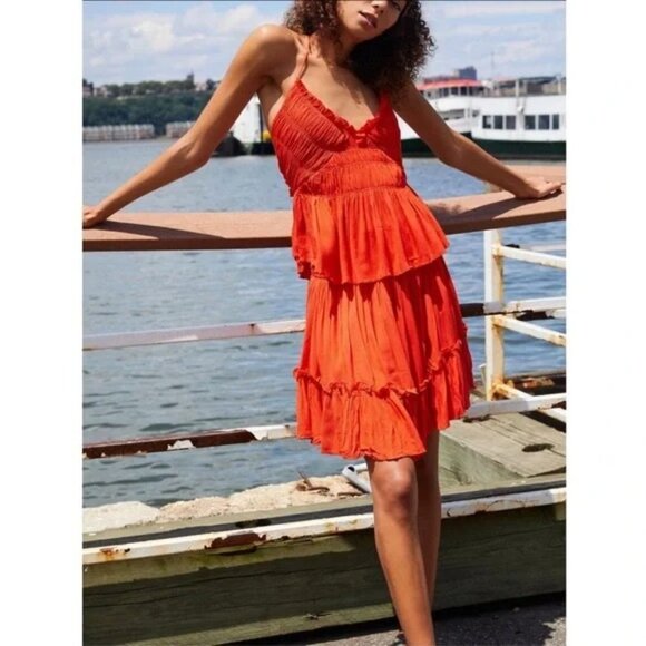 Free People Orange Red Hooked on You Halter Top Skirt Co-ord 2-Piece Set - Picture 5 of 12